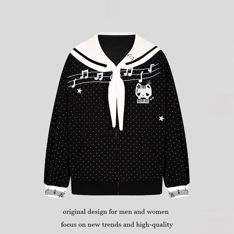 Damen Reißverschluss‑Sweatjacke im Matrosenstil mit Schleifenkragen, Polka‑Dot und Musikmotiv Nord Taschen