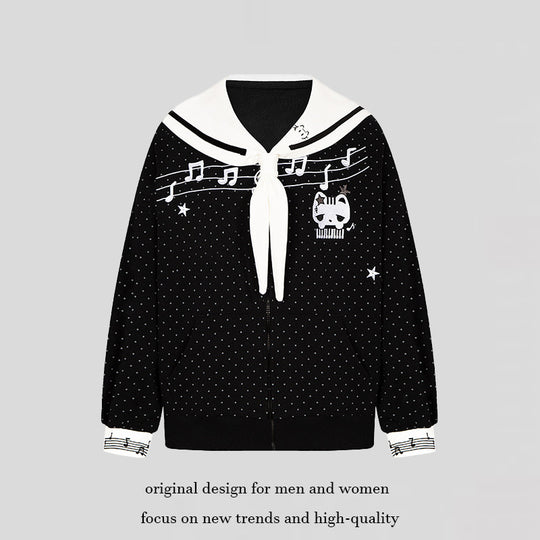 Damen Reißverschluss‑Sweatjacke im Matrosenstil mit Schleifenkragen, Polka‑Dot und Musikmotiv Nord Taschen