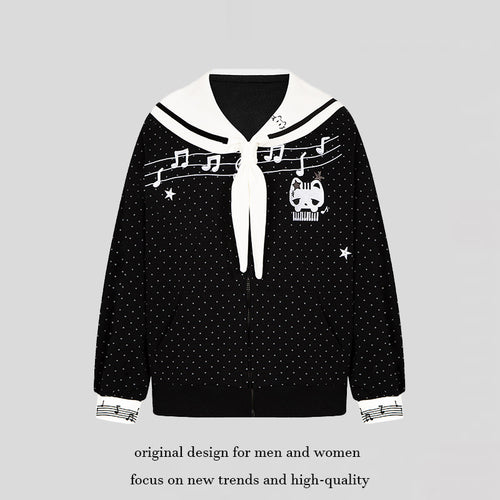 Damen Reißverschluss‑Sweatjacke im Matrosenstil mit Schleifenkragen, Polka‑Dot und Musikmotiv Nord Taschen