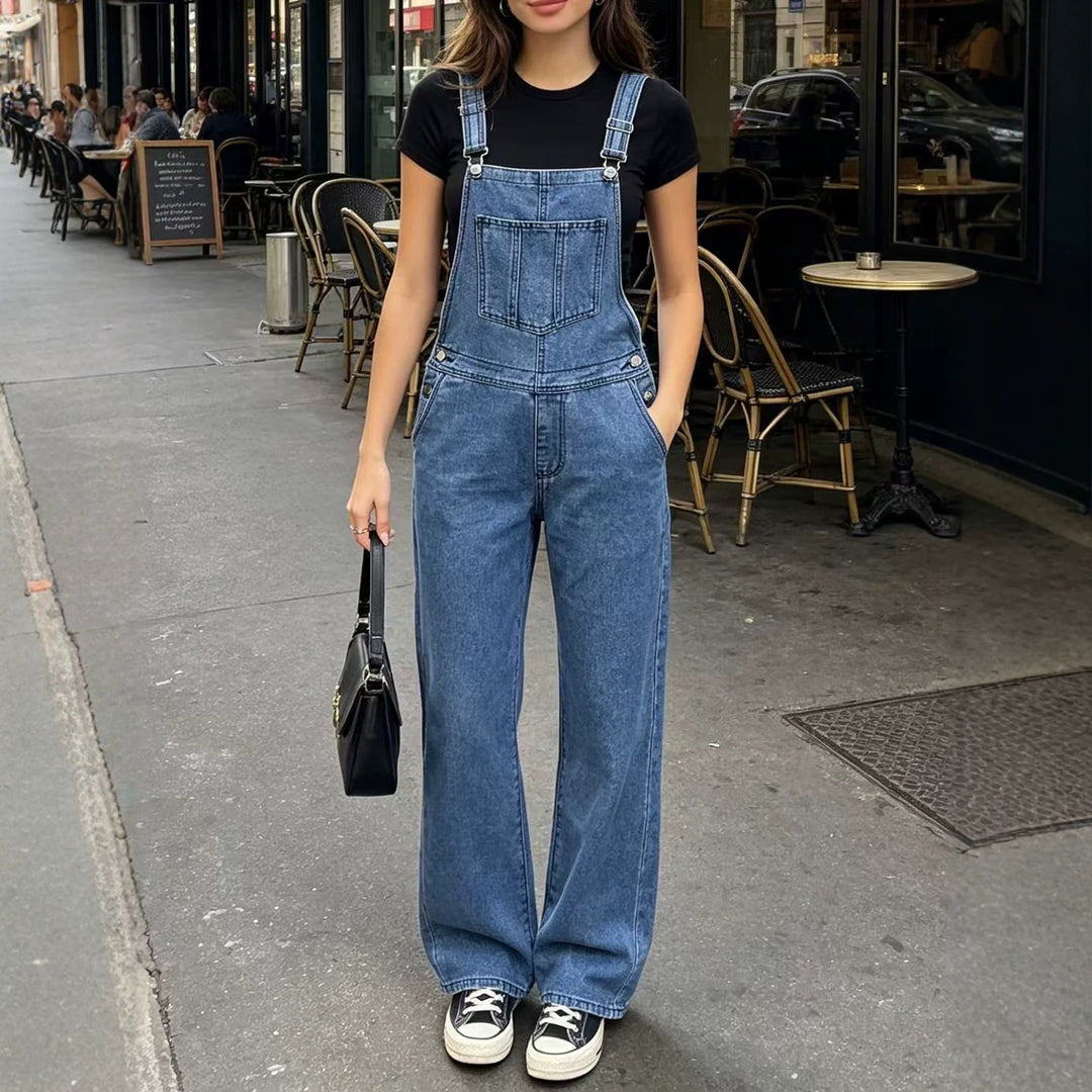 Damen weite Denim-Latzhose mit hoher Taille, verstellbaren Trägern und lässigem Schlag Nord Taschen