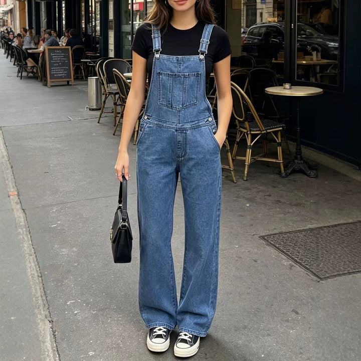 Damen weite Denim-Latzhose mit hoher Taille, verstellbaren Trägern und lässigem Schlag Nord Taschen