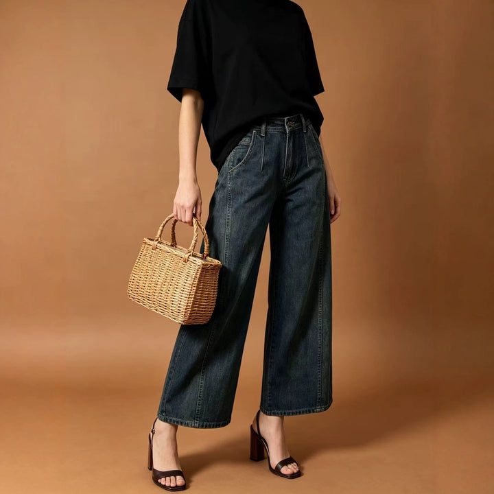 Damen hohe Taille Plissée Wide-Leg-Denimhose mit verkürztem Bein und dekorativen Vorderfalten Nord Taschen