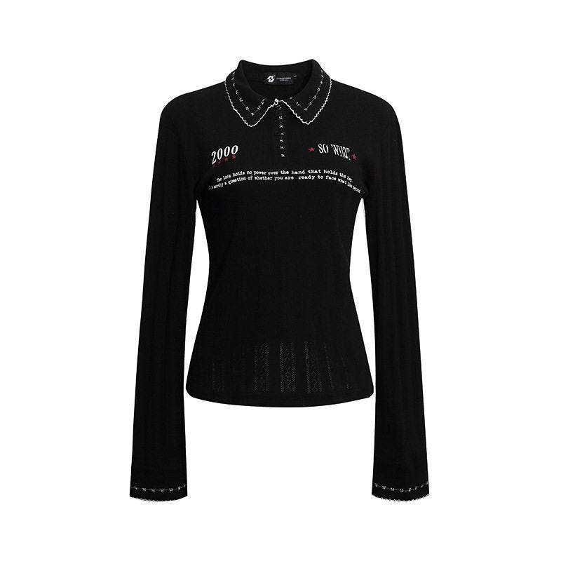 Damen Feines Rippstrick-Poloshirt mit Spitzkragen, Knopfleiste und Zierstickerei Nord Taschen