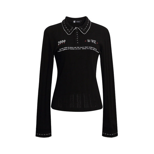 Damen Feines Rippstrick-Poloshirt mit Spitzkragen, Knopfleiste und Zierstickerei Nord Taschen