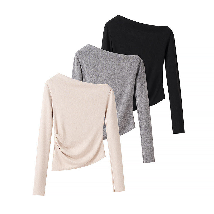 Damen asymmetrisches Feinstrick-Top mit Carmenausschnitt und geraffter Seitenpartie Nord Taschen