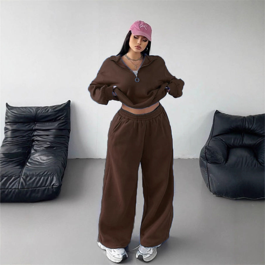 Damen Samt-Cropped-Ziphoodie und weit geschnittene High-Waist Palazzo-Jogginghose Nord Taschen