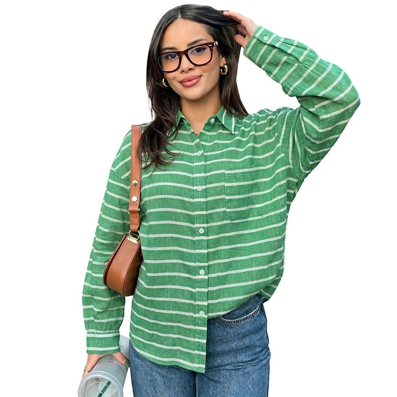 Damen Lässige Leinenoptik-Hemdbluse mit Streifen, Oversize-Schnitt und Brusttasche Nord Taschen