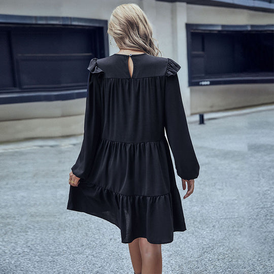 Damen Stufiges Minikleid mit Rüschen-Schultern und Langarm Nord Taschen
