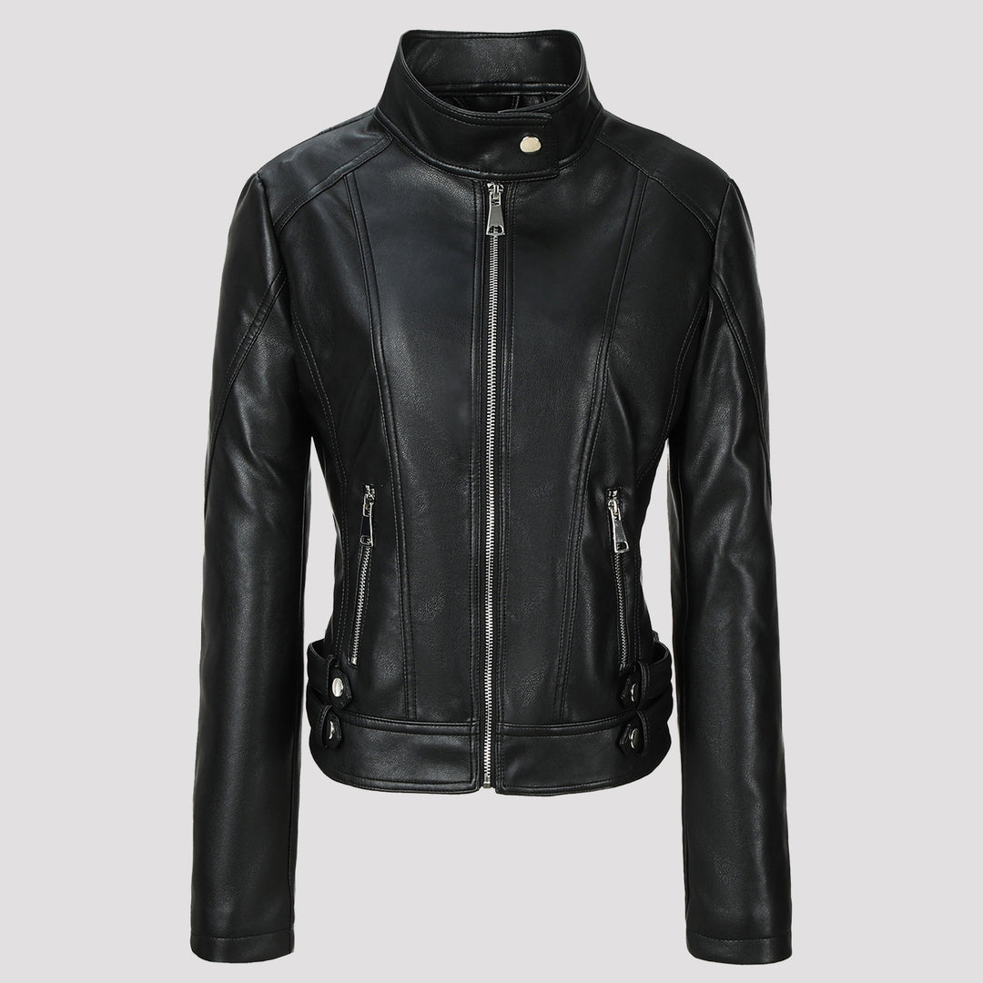Damen Figurbetonte Motorradjacke mit hohem Stehkragen und Ziergürtel-Details Nord Taschen