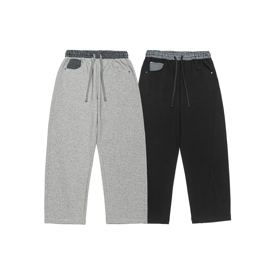 Damen Leichte Sweatpants mit hohem Gummibund, Karomusterbesatz und weitem Cropped Schnitt Nord Taschen