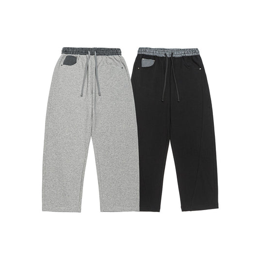 Damen Leichte Sweatpants mit hohem Gummibund, Karomusterbesatz und weitem Cropped Schnitt Nord Taschen