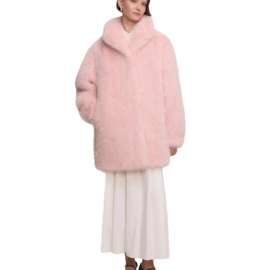 Damen Midilanger flauschiger Teddy-Kunstpelz‑Mantel mit stehendem Schalkragen Nord Taschen