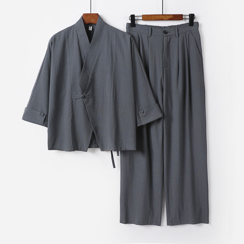 Herren Modernes Zen-Loungewear-Set aus Leichtem Material mit Kurz-Kimono und tailliert-zulaufender Bundhose Nord Taschen