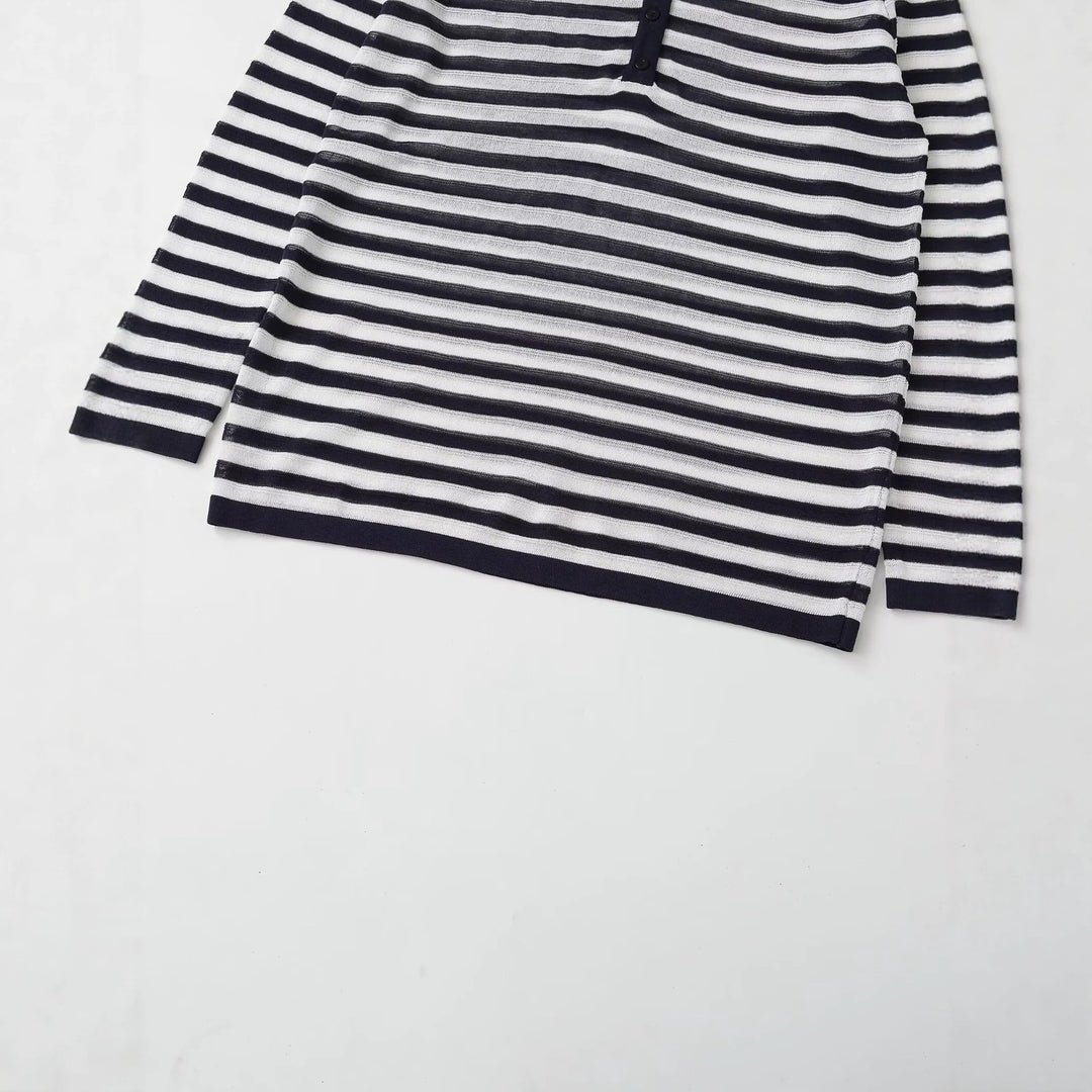 Damen Langarm-Shirt mit Knopfleiste und maritimen Streifen Nord Taschen