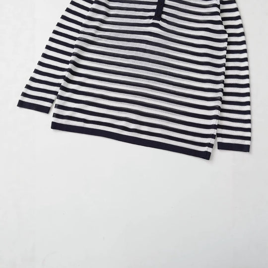 Damen Langarm-Shirt mit Knopfleiste und maritimen Streifen Nord Taschen