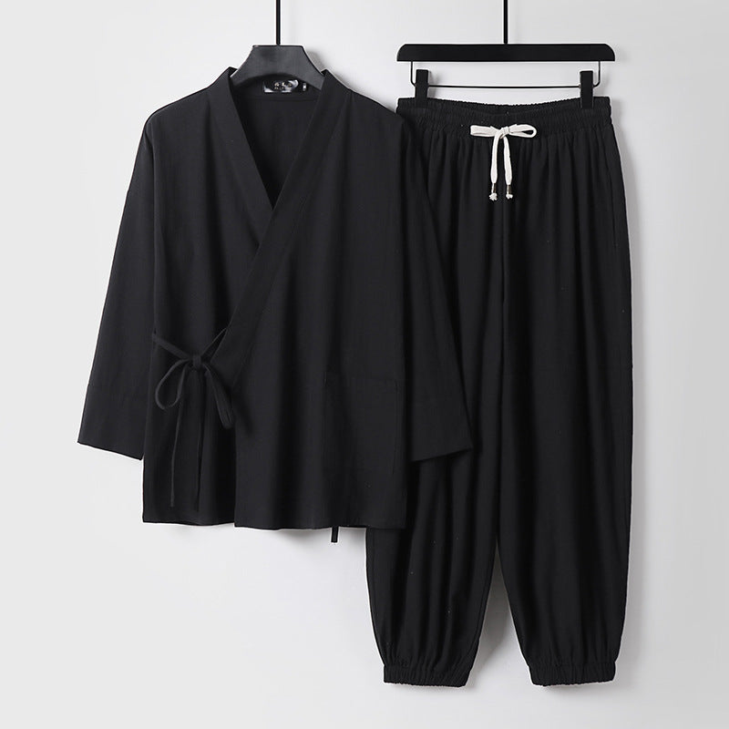 Unisex Entspanntes Kimono-Set mit Wickeljacke, dreiviertelärmeln und elastischer Kordelharemshose Nord Taschen