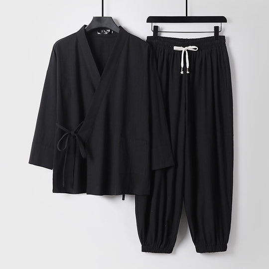 Unisex Entspanntes Kimono-Set mit Wickeljacke, dreiviertelärmeln und elastischer Kordelharemshose Nord Taschen