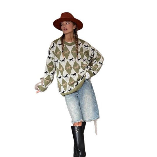 Damen Oversize Strickpullover mit Argyle-Muster und Pferde-Motiv Nord Taschen