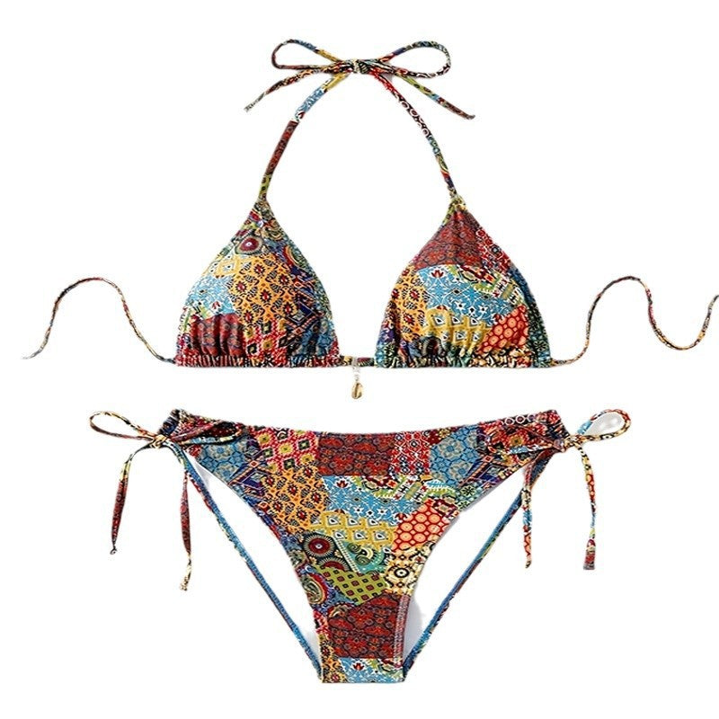 Damen Triangel-Bikini mit auffälligem Muster und verstellbaren Schnürungen
