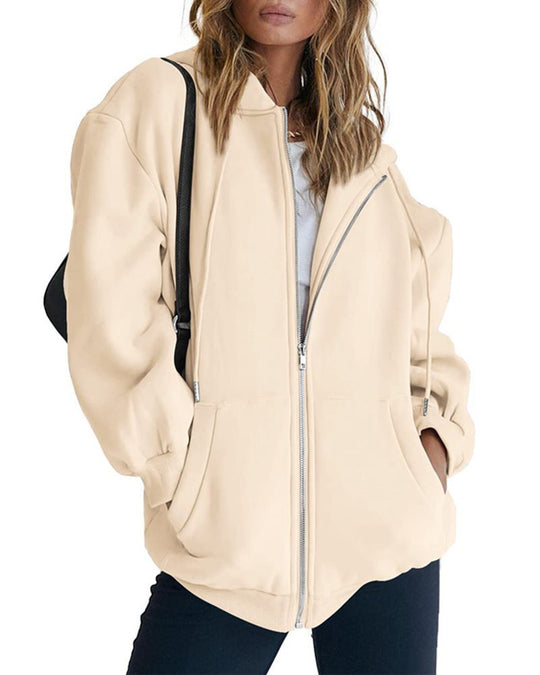 Damen Fleece-Zipjacke im Oversize-Stil mit Kapuze, Kängurutaschen und elastischem Saum Nord Taschen