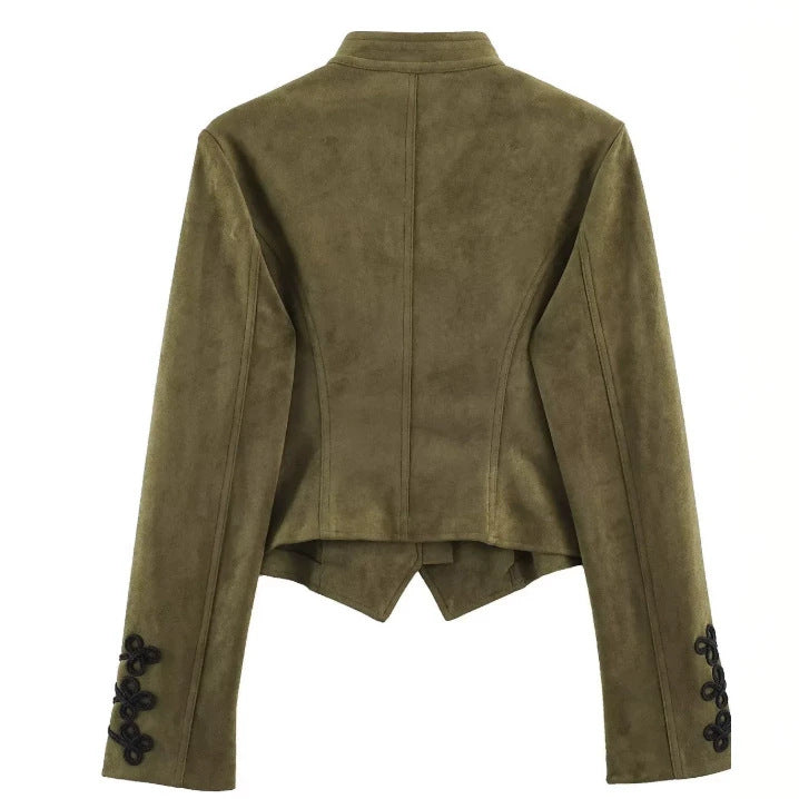 Damen Kurz geschnittene Wildlederjacke im Military‑Look mit Stehkragen und dekorativer Kordelfrosch‑Applikation Nord Taschen