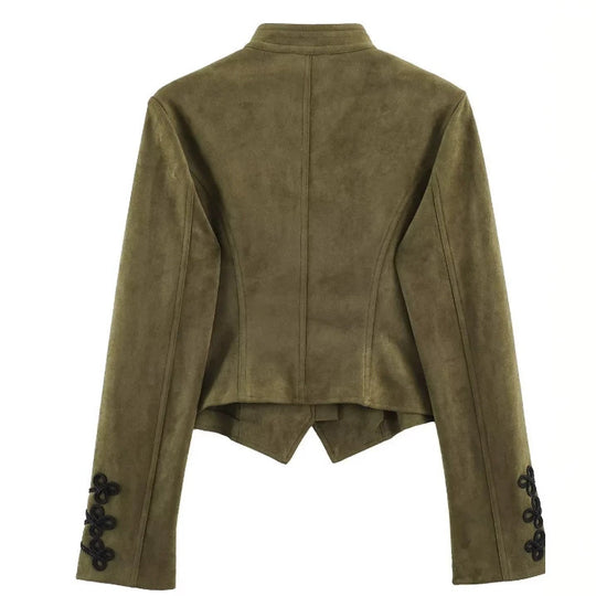Damen Kurz geschnittene Wildlederjacke im Military‑Look mit Stehkragen und dekorativer Kordelfrosch‑Applikation Nord Taschen