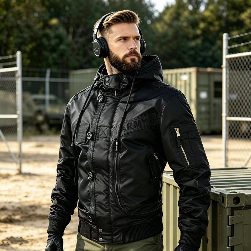 Herren Militärinspirierte Kapuzen-Bomberjacke mit Utility-Taschen Nord Taschen