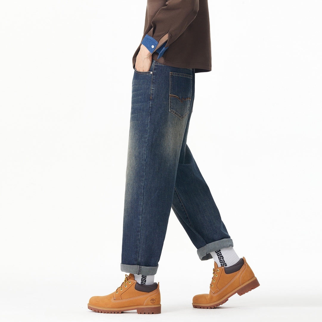Herren Weite gerade geschnittene Denim-Jeans mit Used‑Wash und Umschlagbund Nord Taschen