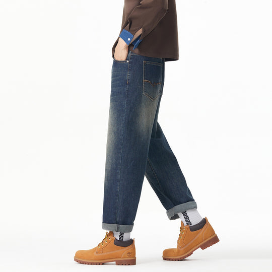 Herren Weite gerade geschnittene Denim-Jeans mit Used‑Wash und Umschlagbund Nord Taschen