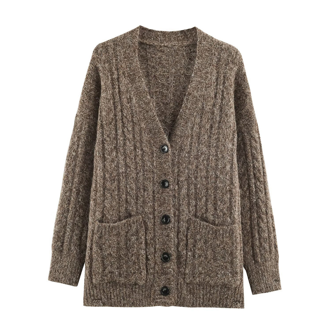 Damen Grobgestrickter Oversize-Cardigan mit Zopfstrick V-Ausschnitt und aufgesetzten Taschen Nord Taschen