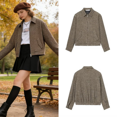 Damen Boxy-Kurzjacke aus Wollmix mit Hahnentrittmuster, Reißverschluss und Hemdkragen Nord Taschen