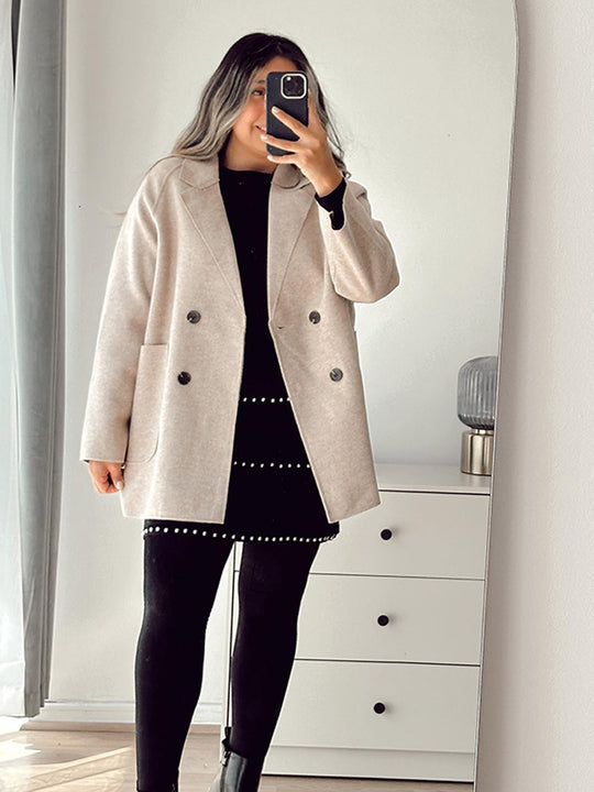 Damen Boxy-Wollmix-Cocoon-Jacke mit doppelreihiger Knopfleiste und weitem Revers Nord Taschen