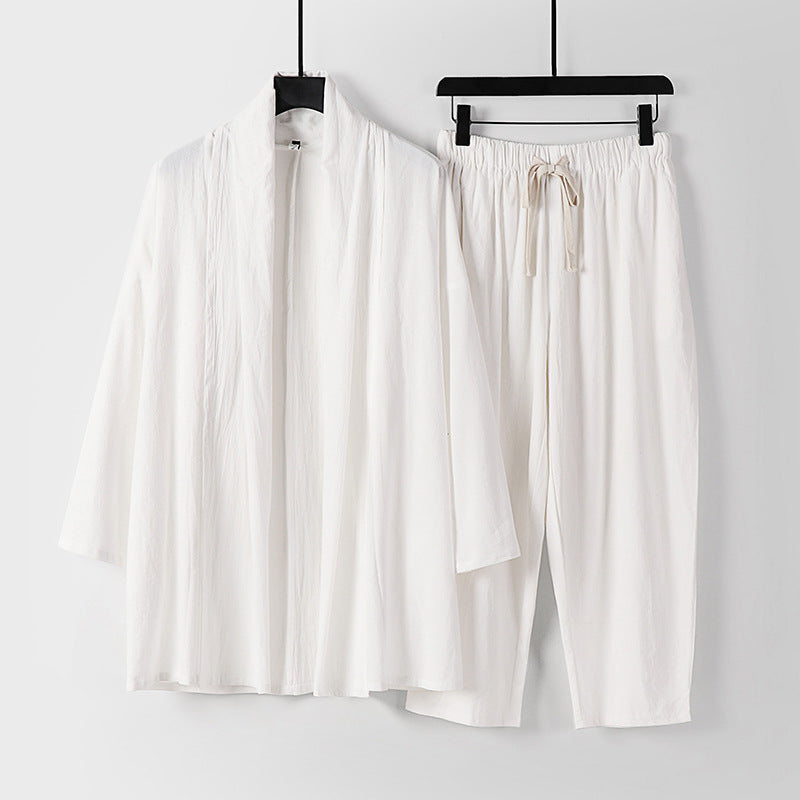 Unisex Lockeres Kimono-Lounge-Set aus leichter Baumwollmischung mit Schalkragen und Kordelbundhose Nord Taschen