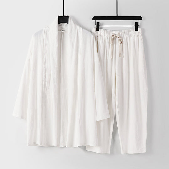 Unisex Lockeres Kimono-Lounge-Set aus leichter Baumwollmischung mit Schalkragen und Kordelbundhose Nord Taschen