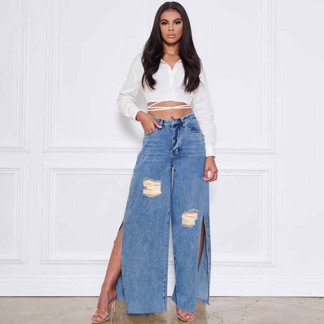 Damen hochgeschnittene Jeans mit weitem Bein, Knie-Rissen und seitlichen Beinschlitzen Nord Taschen