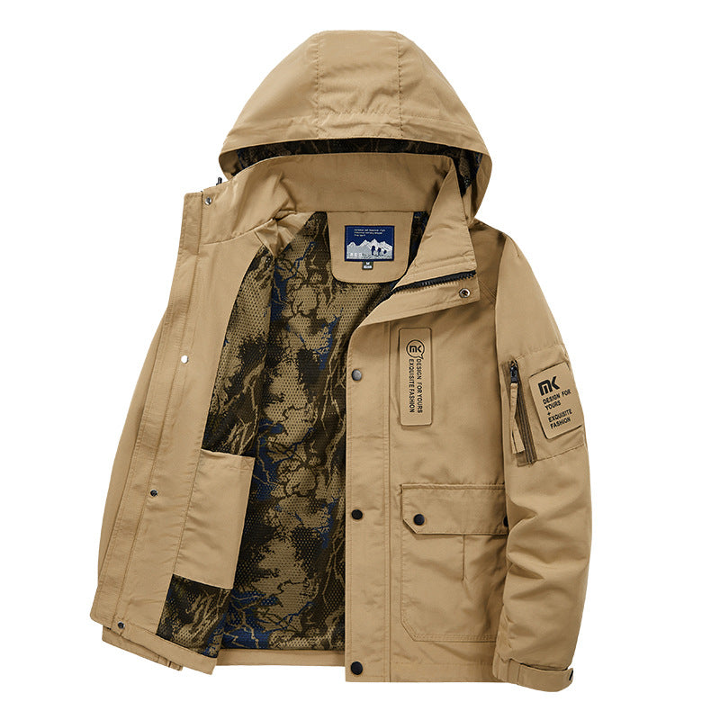 Herren Kapuzen-Fieldjacke mit Camouflage-Netzfutter und wasserabweisender Utility-Außenlage Nord Taschen