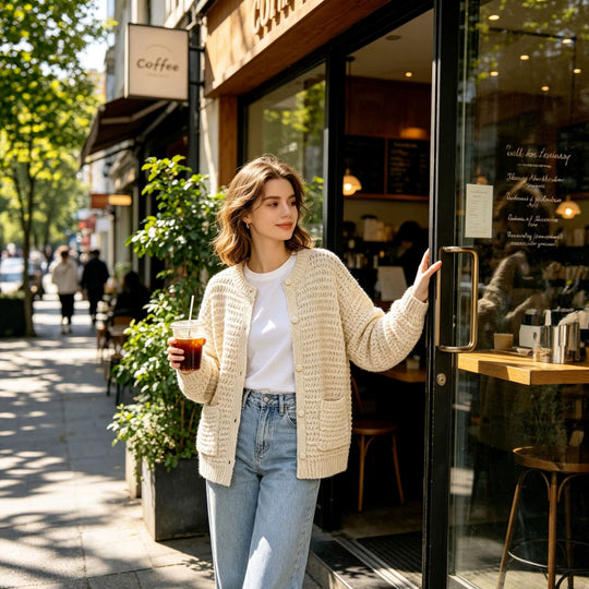 Damen Grobgestrickter Oversize-Cardigan mit Knopfleiste und aufgesetzten Taschen Nord Taschen