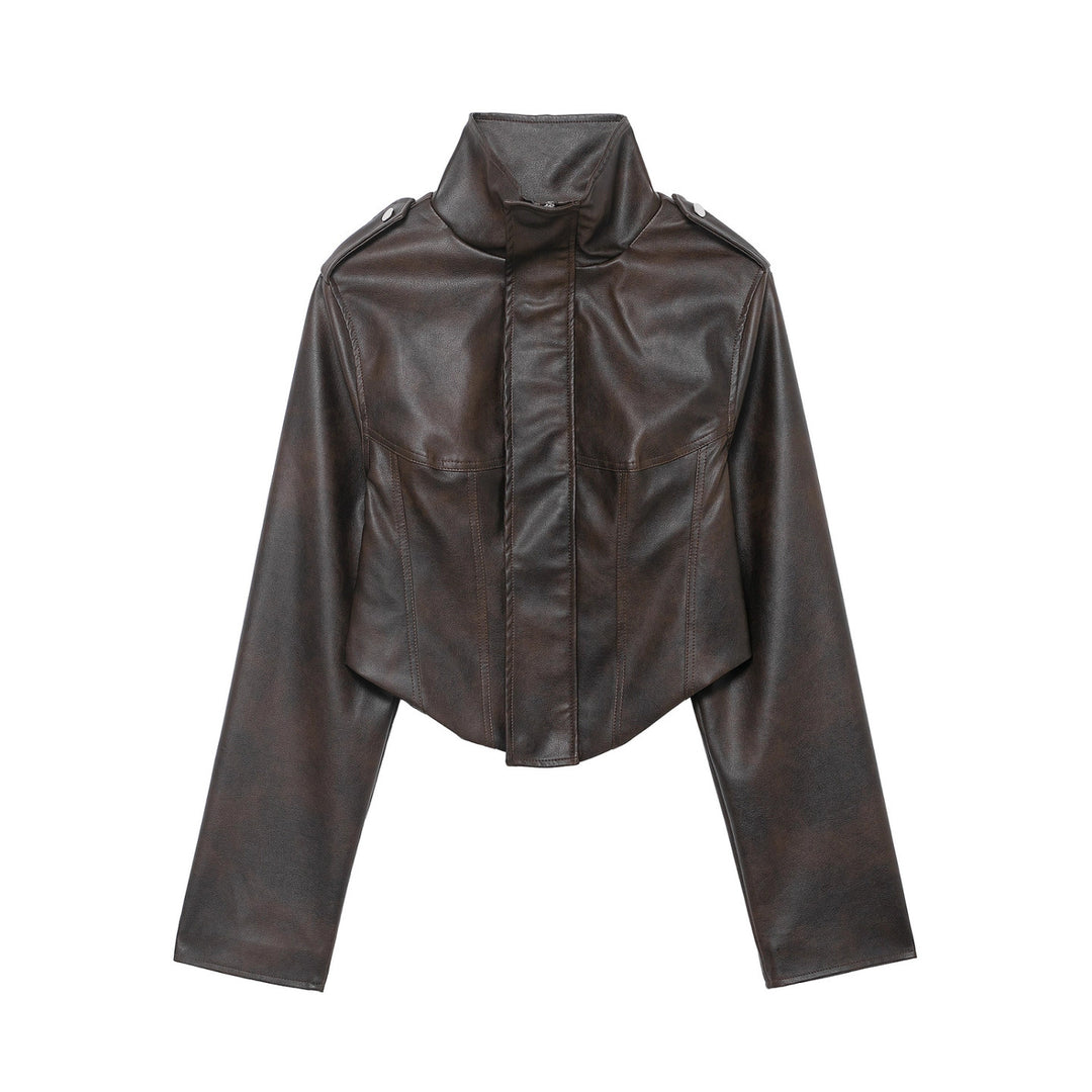 Damen Kurzjacke aus Lederimitat mit hohem Stehkragen, Schulterklappen und taillierter Silhouette Nord Taschen