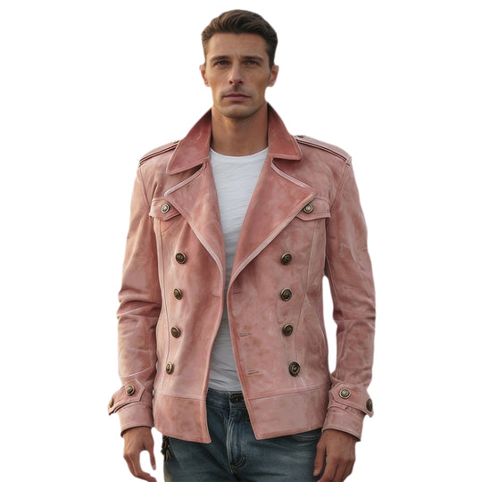 Herren Doppelreihige Lederjacke im Vintage-Look mit Schalkragen und Schulterklappen Nord Taschen