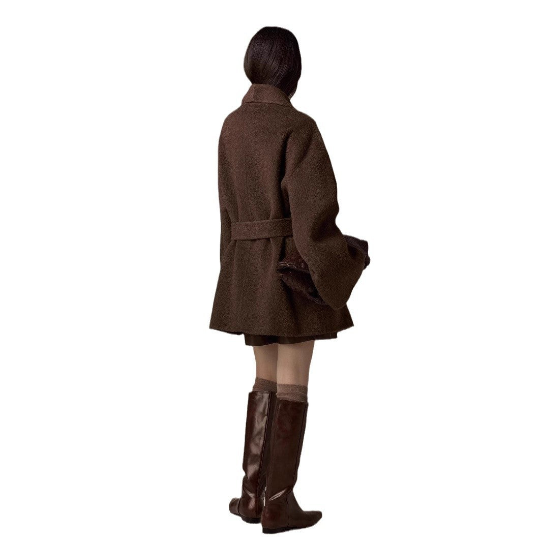 Damen Oversized Wollmantel mit Gürtel Nord Taschen