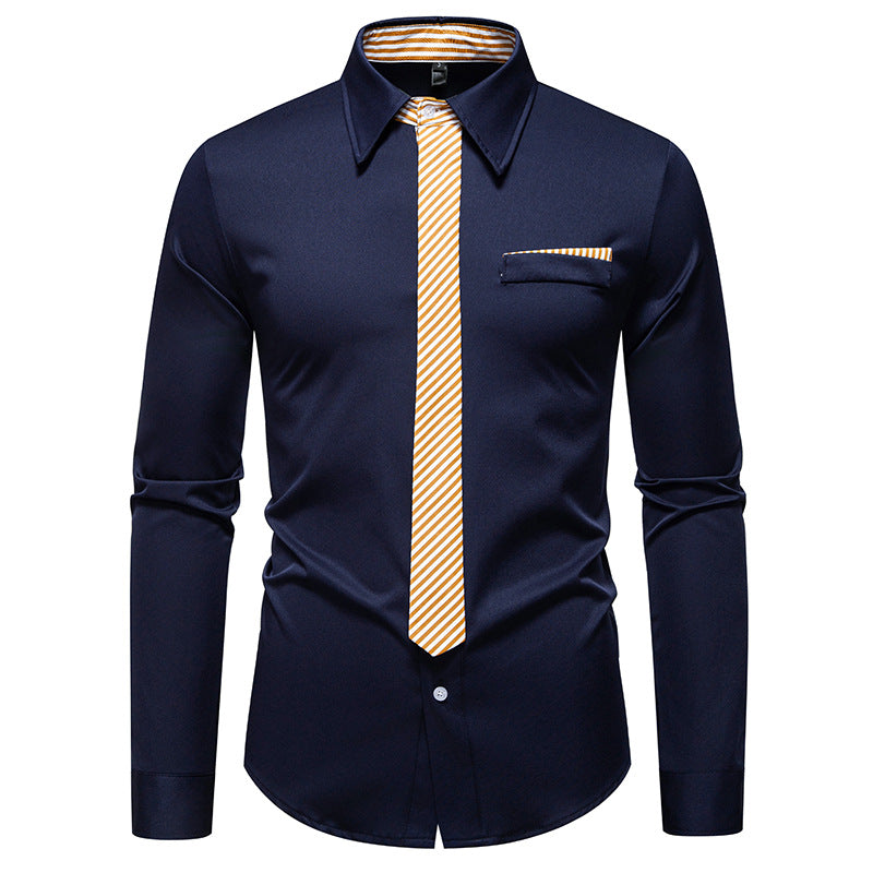 Herren Slim-Fit Businesshemd mit integrierter Krawatten-Optik und Brusttasche Nord Taschen