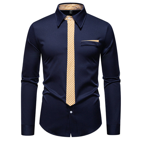 Herren Slim-Fit Businesshemd mit integrierter Krawatten-Optik und Brusttasche Nord Taschen