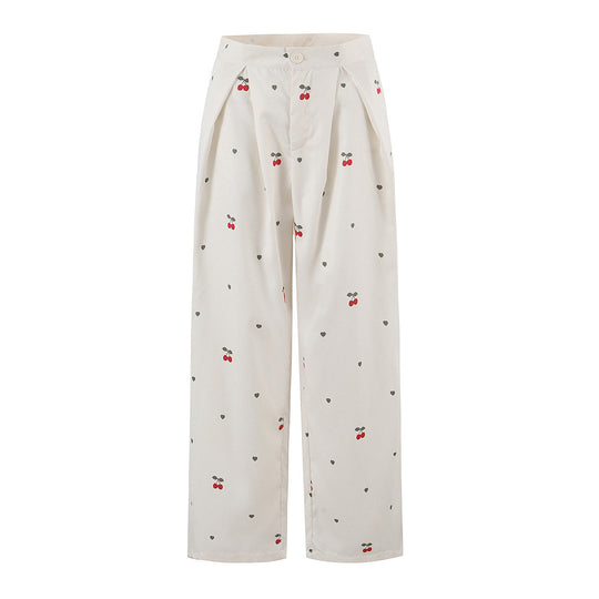 Damen weite High‑Waist Hose mit Kirschenprint und Bundfalten Nord Taschen