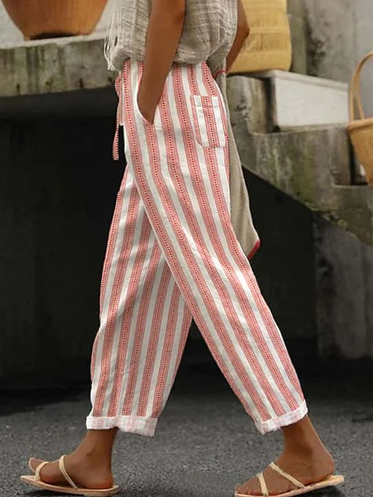 Damen Weite Leinenhose mit handgewNord Taschentem Muster