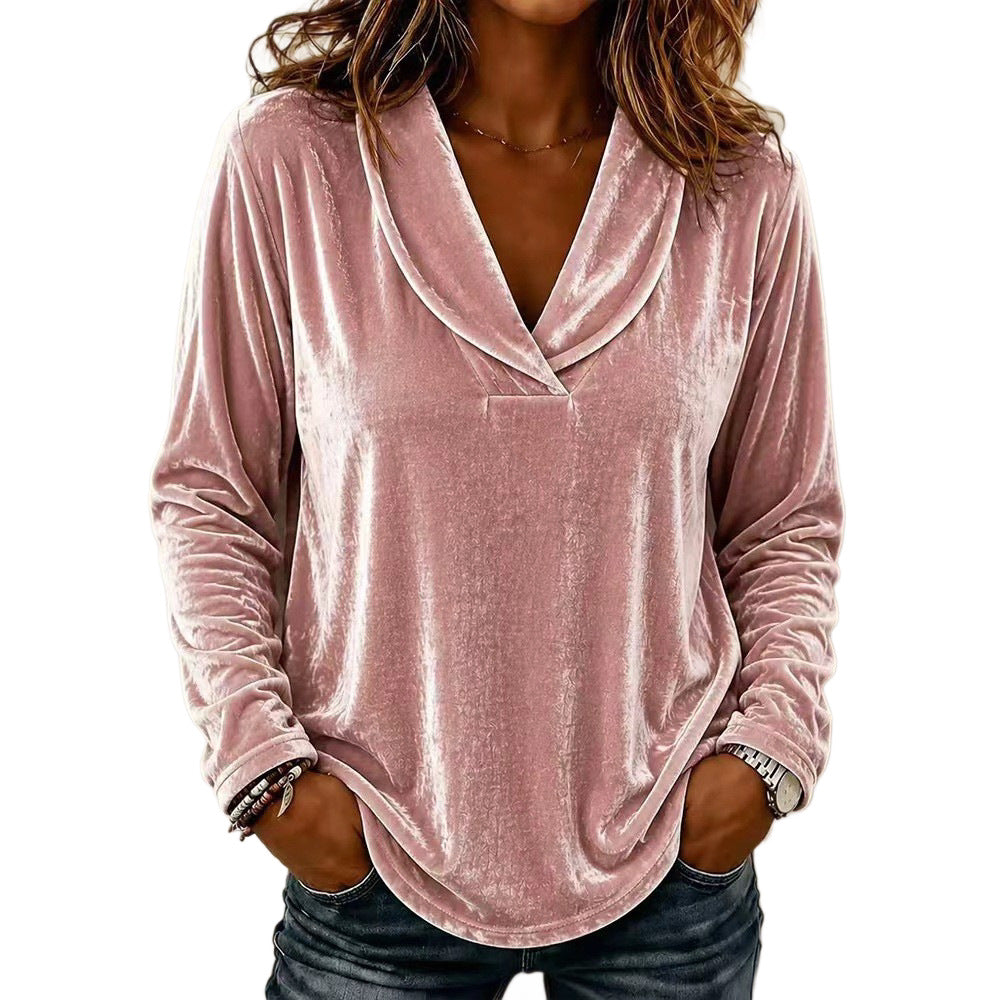Damen Samt-Relaxshirt mit Schalkragen, V-Ausschnitt und legere Oversize-Passform Nord Taschen