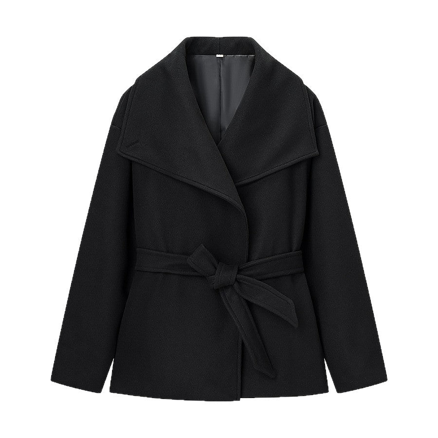 Damen Kurzer Wollmix-Mantel mit weitem Schalkragen und Taillengürtel Nord Taschen