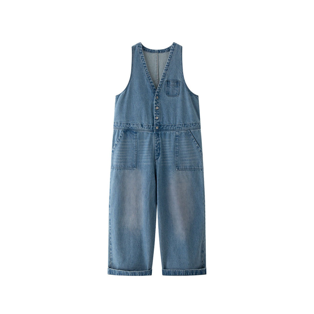 Damen Weite Denim‑Latzhose im Baggy‑Stil mit tiefem V‑Ausschnitt und Knopfleiste Nord Taschen