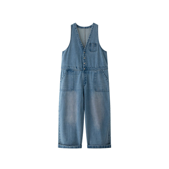 Damen Weite Denim‑Latzhose im Baggy‑Stil mit tiefem V‑Ausschnitt und Knopfleiste Nord Taschen