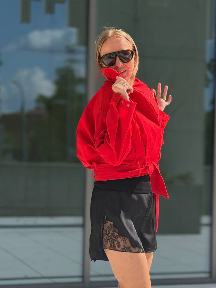 Damen Oversize Kurzjacke mit Taillengürtel und Hemdkragen Nord Taschen