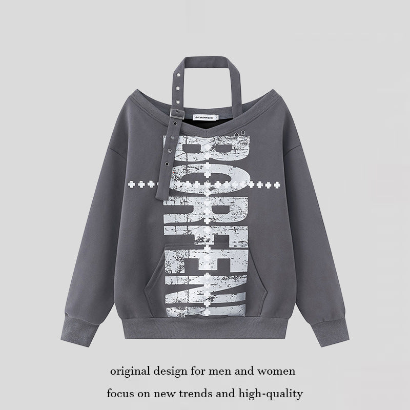 Damen Baumwoll-Mix Pullover mit abnehmbarem Nackenriemen, Kängurutasche und distressed Logoprint Nord Taschen